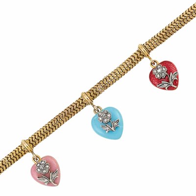 Lot 82 - Antique Gold, Silver, Enamel and Diamond Snake Chain Charm Bracelet