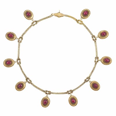 Lot 57 - Antique Double Strand Gold and Cabochon Garnet Fringe Necklace