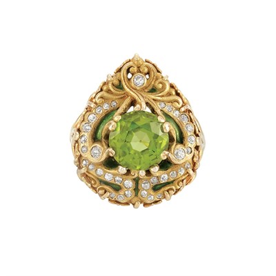 Lot 280 - Arts and Crafts Gold, Peridot, Diamond and Green Enamel Ring