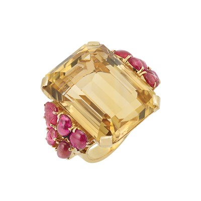 Lot 474 - Retro Gold, Citrine and Carved Ruby Ring