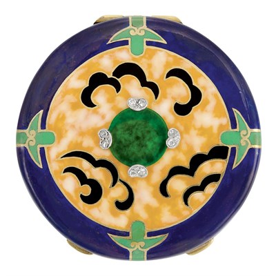 Lot 310 - Art Deco Gold, Platinum, Enamel and Diamond Rouge Pot