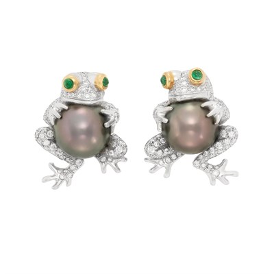 Lot 378 - Pair of Platinum, Tahitian Gray Cultured Pearl, Diamond and Cabochon Emerald Frog Earrings, Tiffany & Co.
