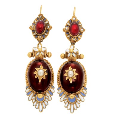 Lot 55 - Pair of Holbeinesque Gold, Cabochon Garnet, Enamel and Split Pearl Pendant-Earrings