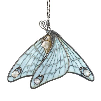 Lot 394 - Art Nouveau Silver, Silver-Gilt, Plique-a-Jour Enamel, Moonstone and Opal Pendant with Antique Silver Slide Chain