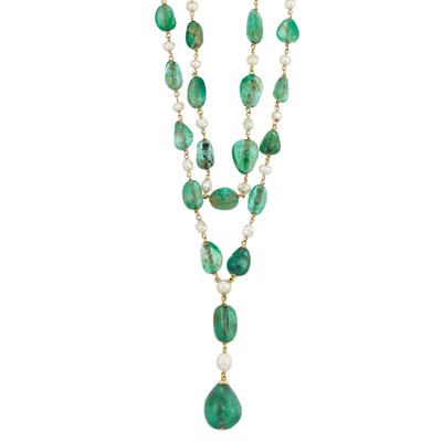 Lot 79 - Double Strand Gold, Tumbled Emerald Bead and Natural Pearl Pendant-Necklace