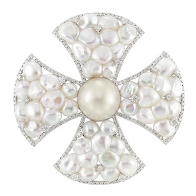 Lot 375 - White Gold, South Sea Cultured Pearl, Keshi Pearl and Diamond Maltese Cross Pendant-Brooch