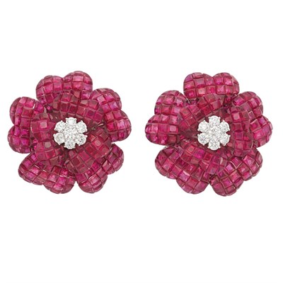 Lot 328 - Pair of White Gold, Invisibly-Set Ruby and Diamond Flower Earrings