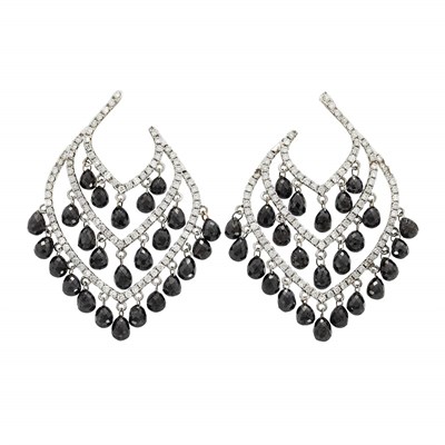 Lot 384 - Pair of White Gold, Diamond and Black Diamond Briolette Pendant-Earrings