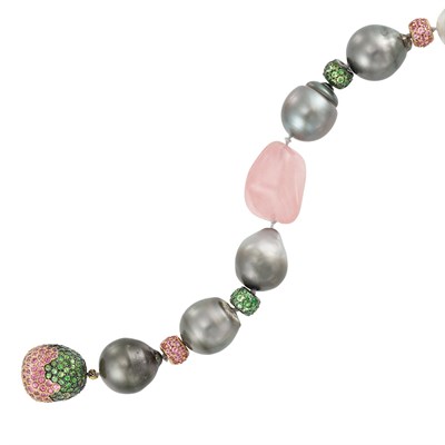 Lot 115 - Tahitian Semi-Baroque Gray Cultured Pearl, Gem-Set and Rose Quartz Bead Bracelet