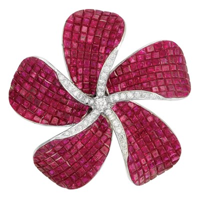 Lot 131 - White Gold, Invisibly-Set Ruby and Diamond Flower Clip-Brooch