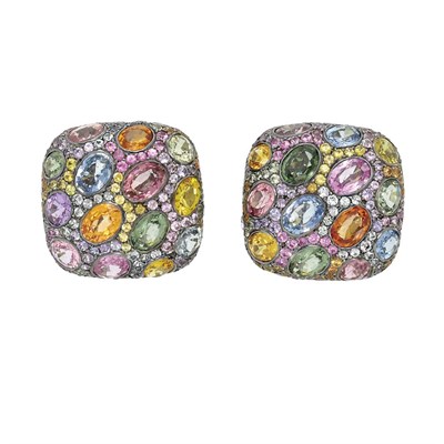 Lot 101 - Pair of Blackened Gold, Multicolored Sapphire and Diamond Earclips, Piranesi