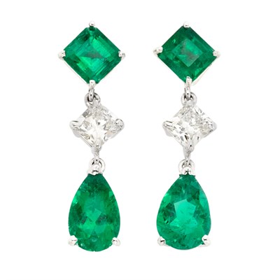 Lot 324 - Pair of Platinum, Emerald and Diamond Pendant-Earrings