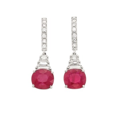 Lot 326 - Pair of Platinum, Ruby and Diamond Pendant-Earrings