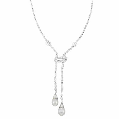 Lot 585 - Art Deco Platinum, Diamond and Natural Pearl Necklace