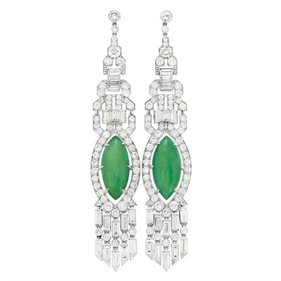 Lot 594 - Pair of Art Deco Platinum, Diamond and Jade Pendant-Earrings