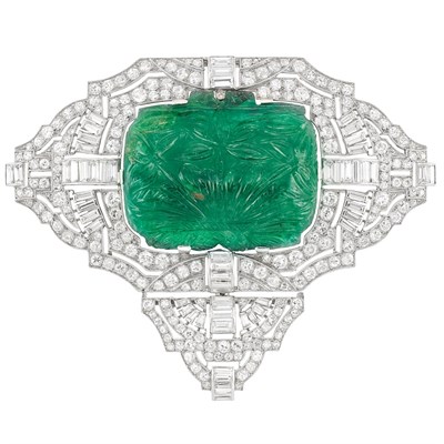 Lot 619 - Art Deco Platinum, Carved Emerald and Diamond Brooch