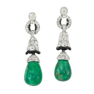 Lot 612 - Pair of Art Deco Platinum, Diamond, Emerald and Black Enamel Pendant-Earrings