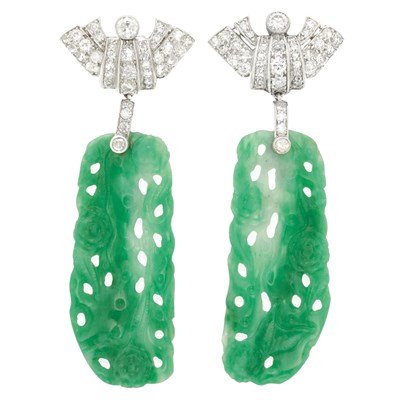 Lot 608 - Pair of Art Deco Platinum, Diamond and Carved Jade Pendant-Earclips