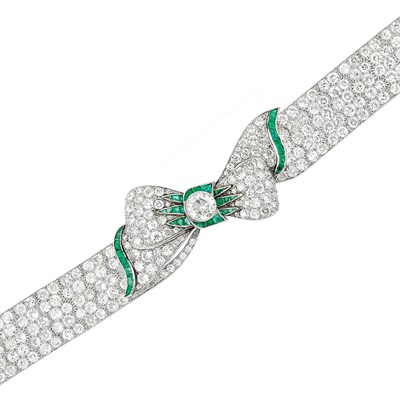 Lot 606 - Art Deco Platinum, Diamond and Emerald Bow Bracelet