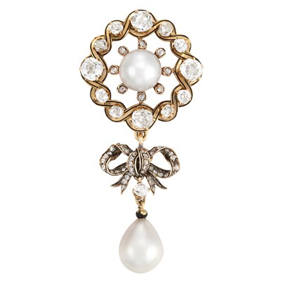 Lot 85 - Antique Gold, Silver, Natural Pearl and Diamond Brooch