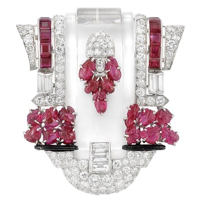 Lot 617 - Art Deco Platinum, Rock Crystal, Diamond, Carved Ruby, Ruby and Black Enamel Clip