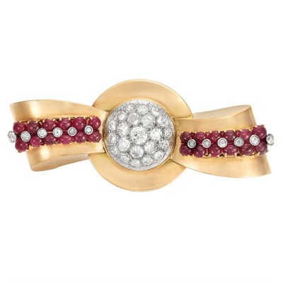 Lot 475 - Retro Rose Gold, Platinum, Diamond and Cabochon Ruby Clip-Brooch, by Trabert & Hoeffer Inc.- Mauboussin