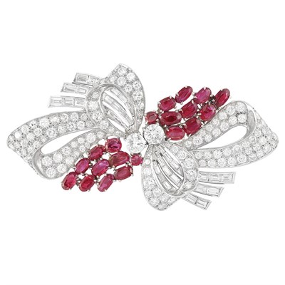 Lot 496 - Platinum, Diamond and Ruby Double Clip-Brooch, Van Cleef & Arpels