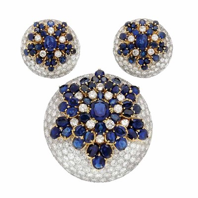 Lot 505 - White Gold, Gold, Diamond and Sapphire Clip-Brooch and Pair of Earclips, France