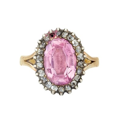 Lot 269 - Antique Silver, Gold, Foiled-Back Pink Topaz and Diamond Ring