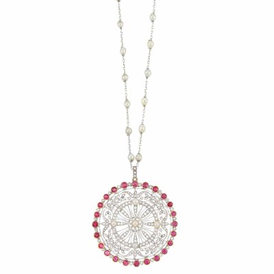 Lot 581 - Belle Epoque Platinum, Gold, Pearl, Diamond and Ruby Pendant with Platinum and Pearl Chain Necklace