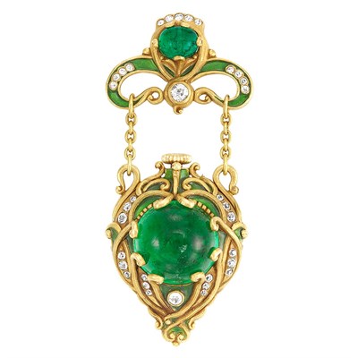Lot 279 - Arts and Crafts Gold, Cabochon Emerald, Diamond and Green Enamel Lapel-Watch, Marcus & Co.