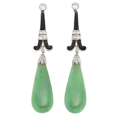 Lot 596 - Pair of Art Deco Platinum, Diamond, Black Onyx and Jade Pendant-Earclips