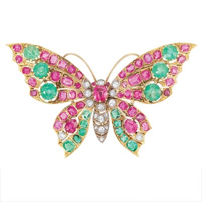 Lot 78 - Antique Gold, Silver, Ruby, Emerald and Diamond 'en Tremblant' Butterfly Brooch