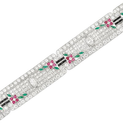 Lot 611 - Platinum, Diamond, Ruby, Simulated Emerald and Black Onyx Bracelet