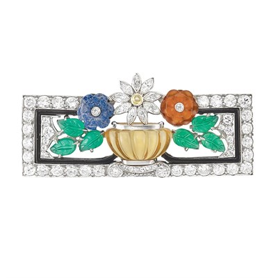 Lot 171 - Art Deco Platinum, Diamond, Fluted Citrine, Carved Stone and Black Enamel Brooch