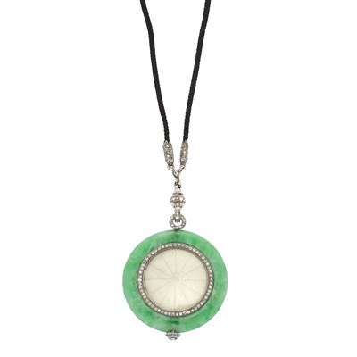 Lot 597 - Art Deco Jade, Platinum and Diamond Pendant-Watch, Boucheron, with Platinum, Diamond and Black Cord Necklace