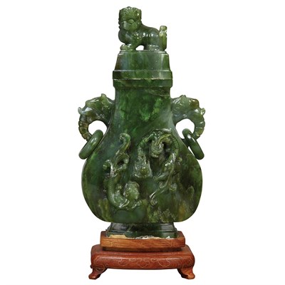 Lot 78 - Chinese Spinach Green Jade Covered Vase Qing...