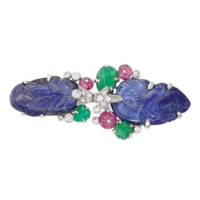 Lot 610 - Art Deco Platinum, Carved Sapphire, Ruby and Emerald and Diamond 'Tutti Frutti' Double-Clip Brooch