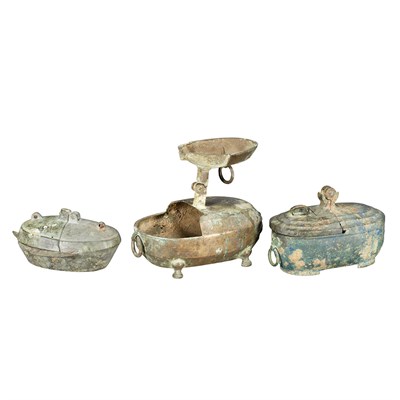 Lot 90 - Group of Three Chinese Bronze Oil Lamps Han...
