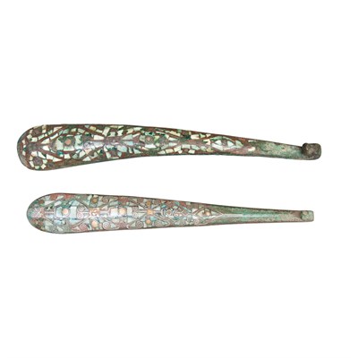 Lot 81 - Two Chinese Turquoise Inlaid Bronze Belt Hooks...