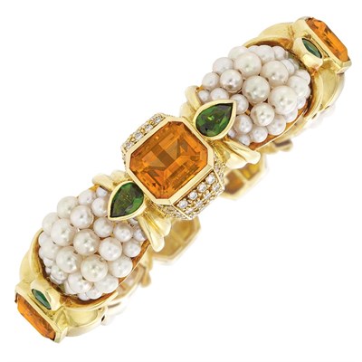 Lot 5 - Gold, Cultured Pearl, Citrine, Green Garnet and Diamond Bangle Bracelet