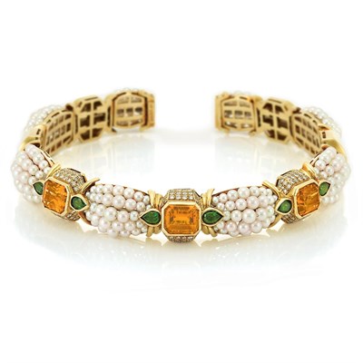 Lot 4 - Gold, Cultured Pearl, Citrine, Green Garnet and Diamond Choker Necklace