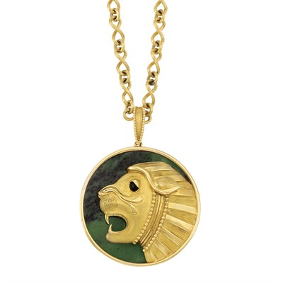 Lot 300 - Gold, Nephrite and Black Onyx Lion Pendant, Mauboussin, Paris, with Gold Chain