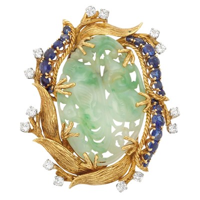 Lot 250 - Gold, Platinum, Carved Jade, Diamond and Sapphire Clip-Brooch, David Webb