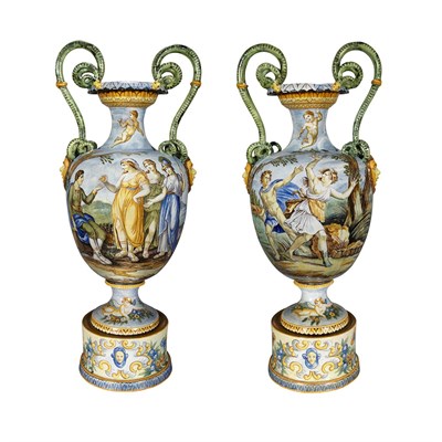 Lot 437 - Pair of Maiolica Style Italian Faience Urns...