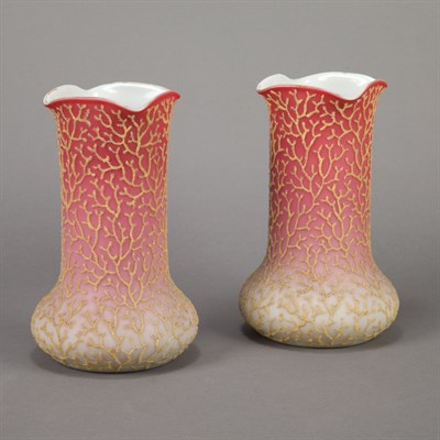 Lot 384 - Pair of Coralene Glass Vases Height 8 inches.