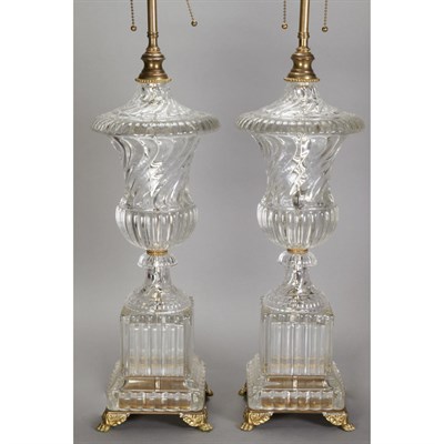 Lot 222 - Pair of Baccarat Style Molded Glass Lamps Each...