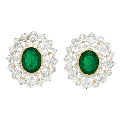 Lot 348 - Pair of White Gold, Gold, Emerald and Diamond Earrings, Mario Buccellati