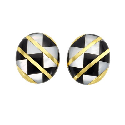 Lot 385 - Pair of Gold, Mother-of-Pearl and Black Onyx Earclips, Tiffany & Co.