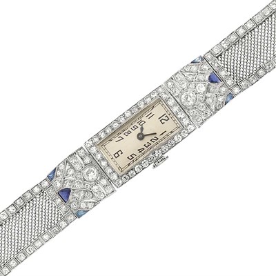 Lot 151 - Platinum, Diamond and Sapphire Mesh Wristwatch